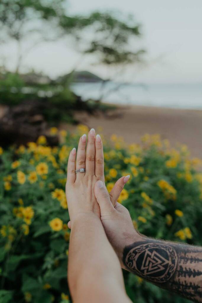 Po‘olenalena Beach engagement session with soft morning light